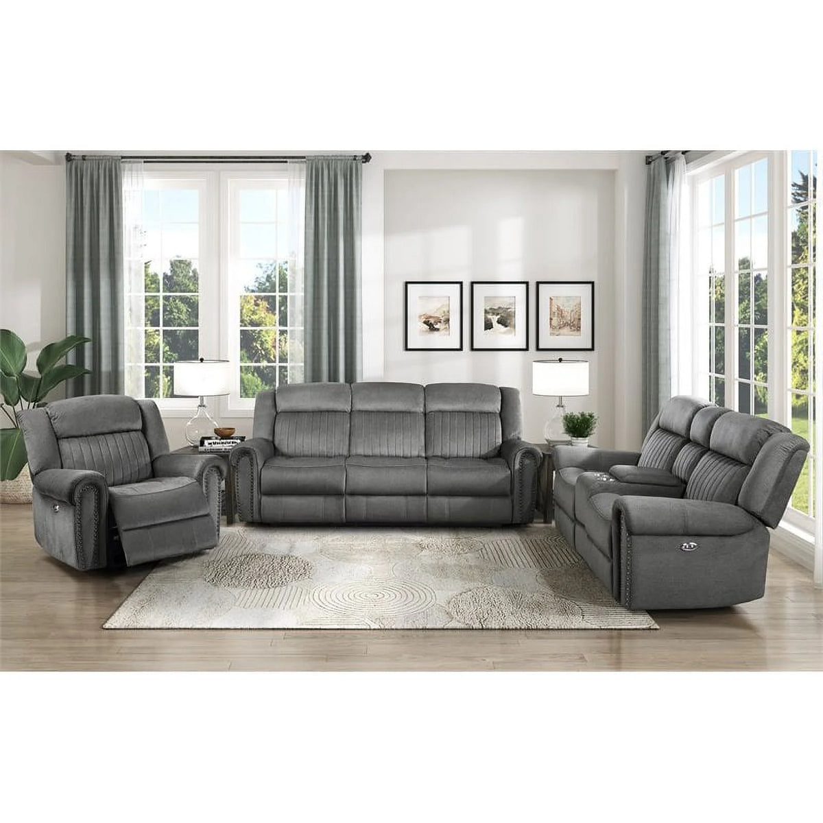 Charcoal Wood Microfiber Double Reclining Sofa F71421