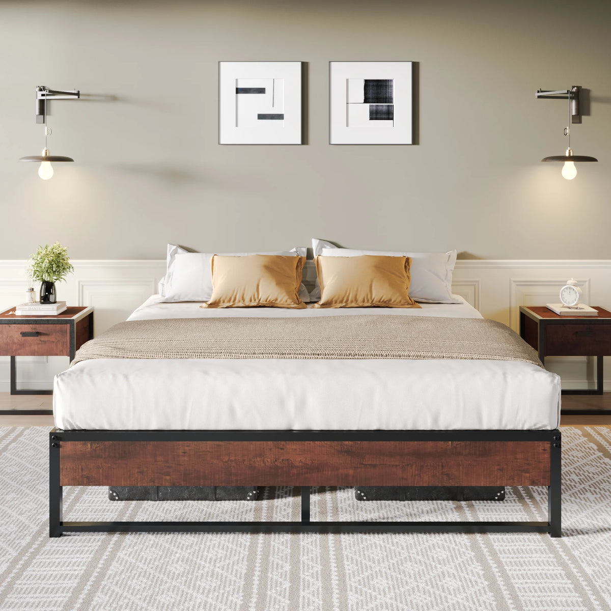 Brown King Size Metal Platform Bed Frame with Underbed Storage E2157