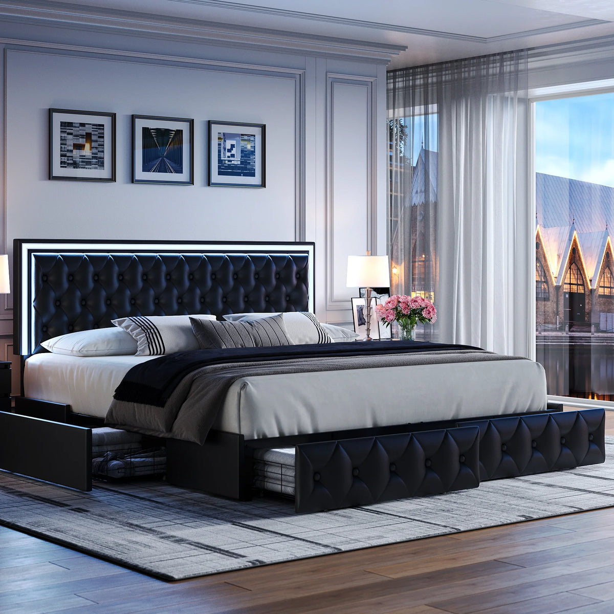 Queen LED Platform Bed Frame with 4 Storage Drawers H917478