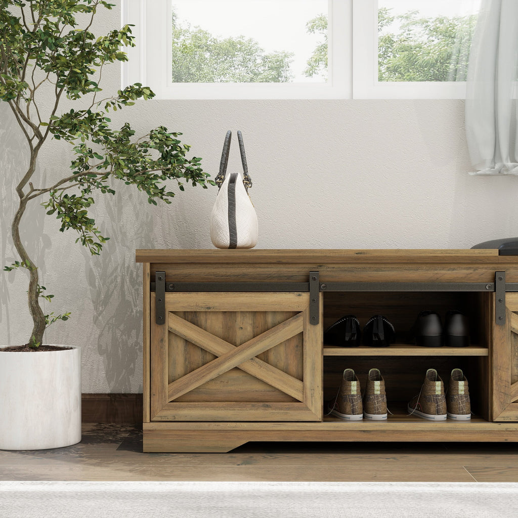 Brown Shoe Storage Bench with Cushion and Doors F7145