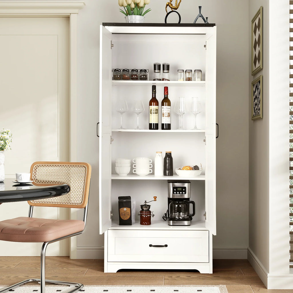 71" Tall White Wood Kitchen Pantry with Drawer & 2 Barn Doors P537