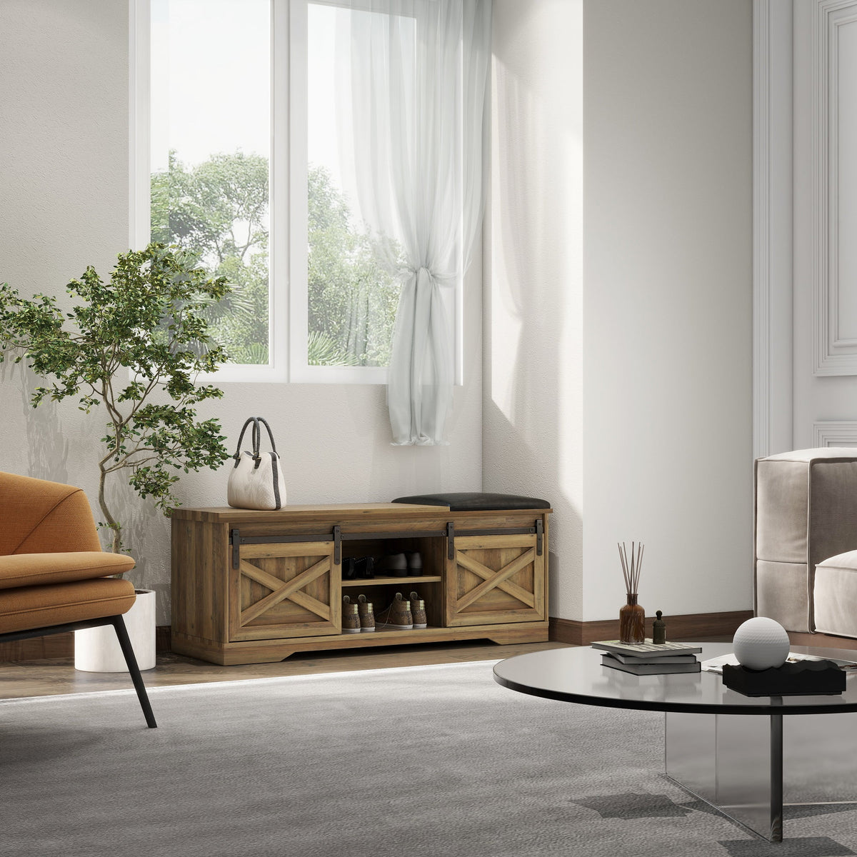Brown Shoe Storage Bench with Cushion and Doors F7145