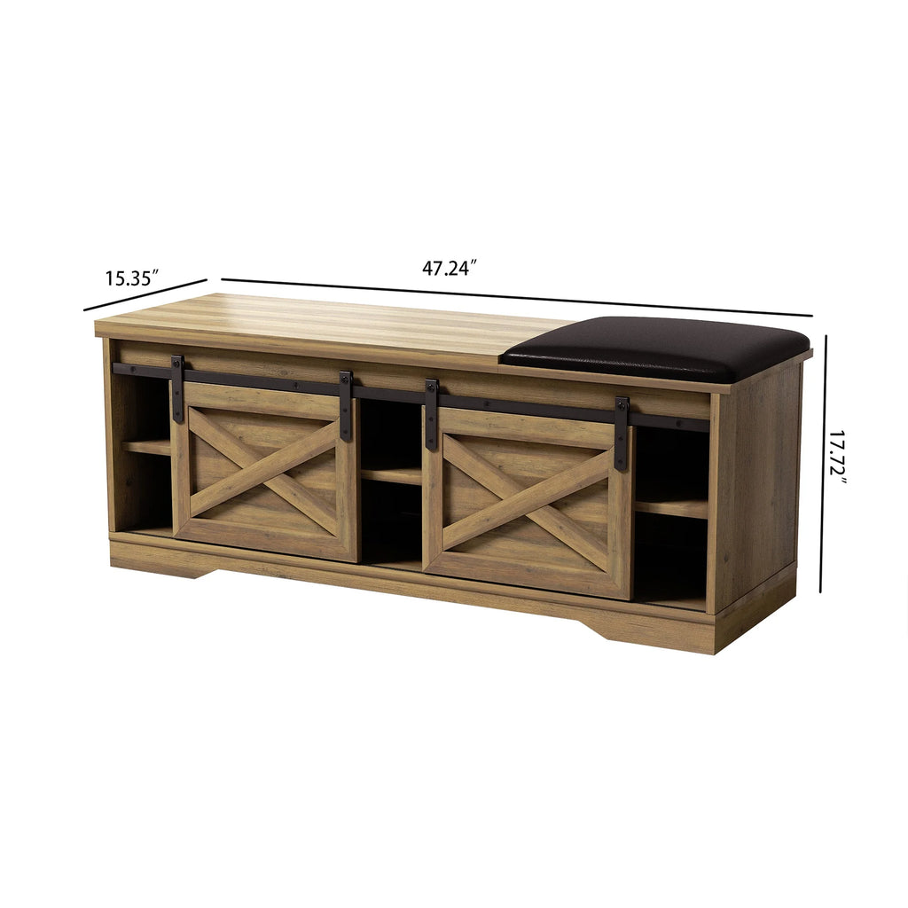Brown Shoe Storage Bench with Cushion and Doors F7145