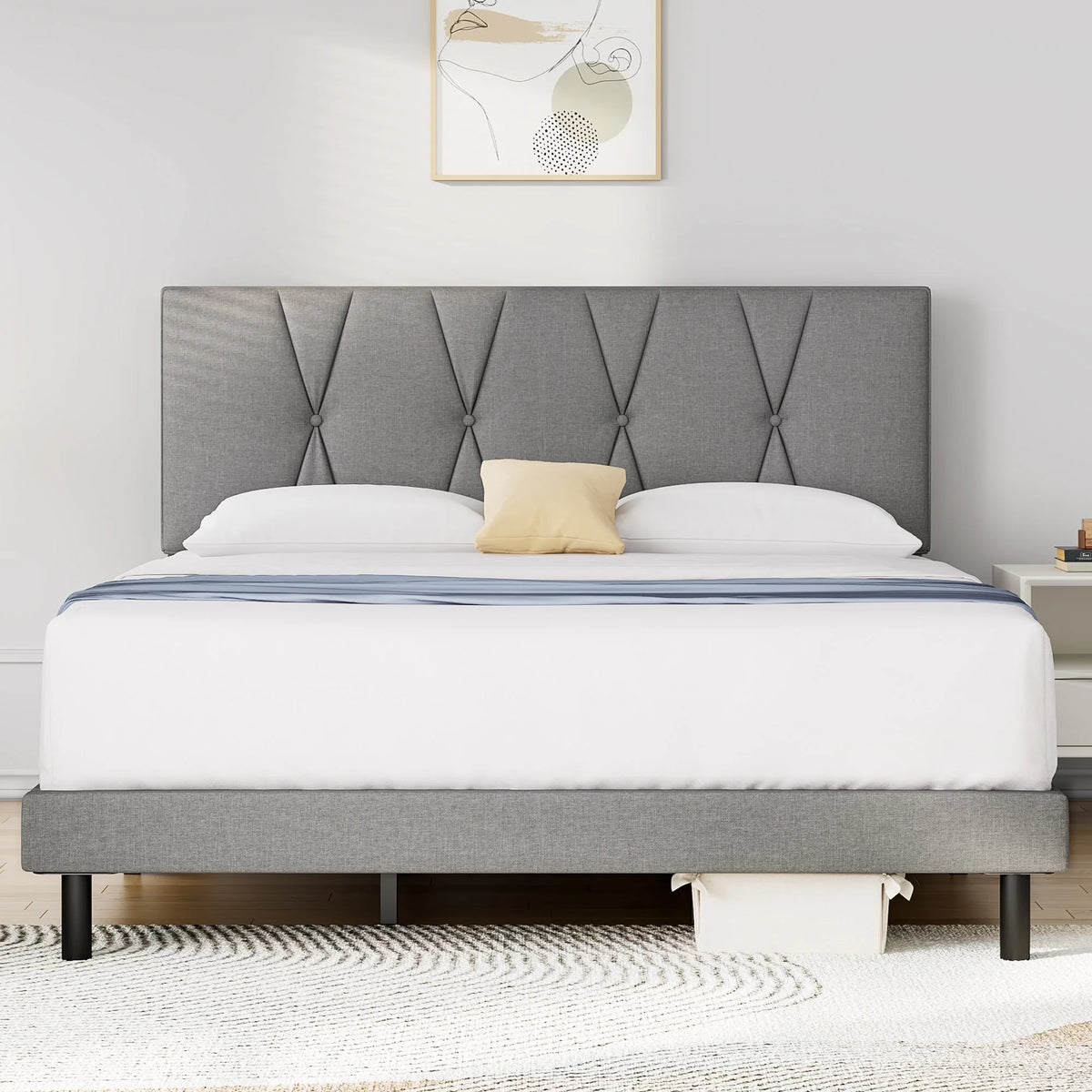 Queen Size Platform Bed with Fabric Upholstered Headboard M26755