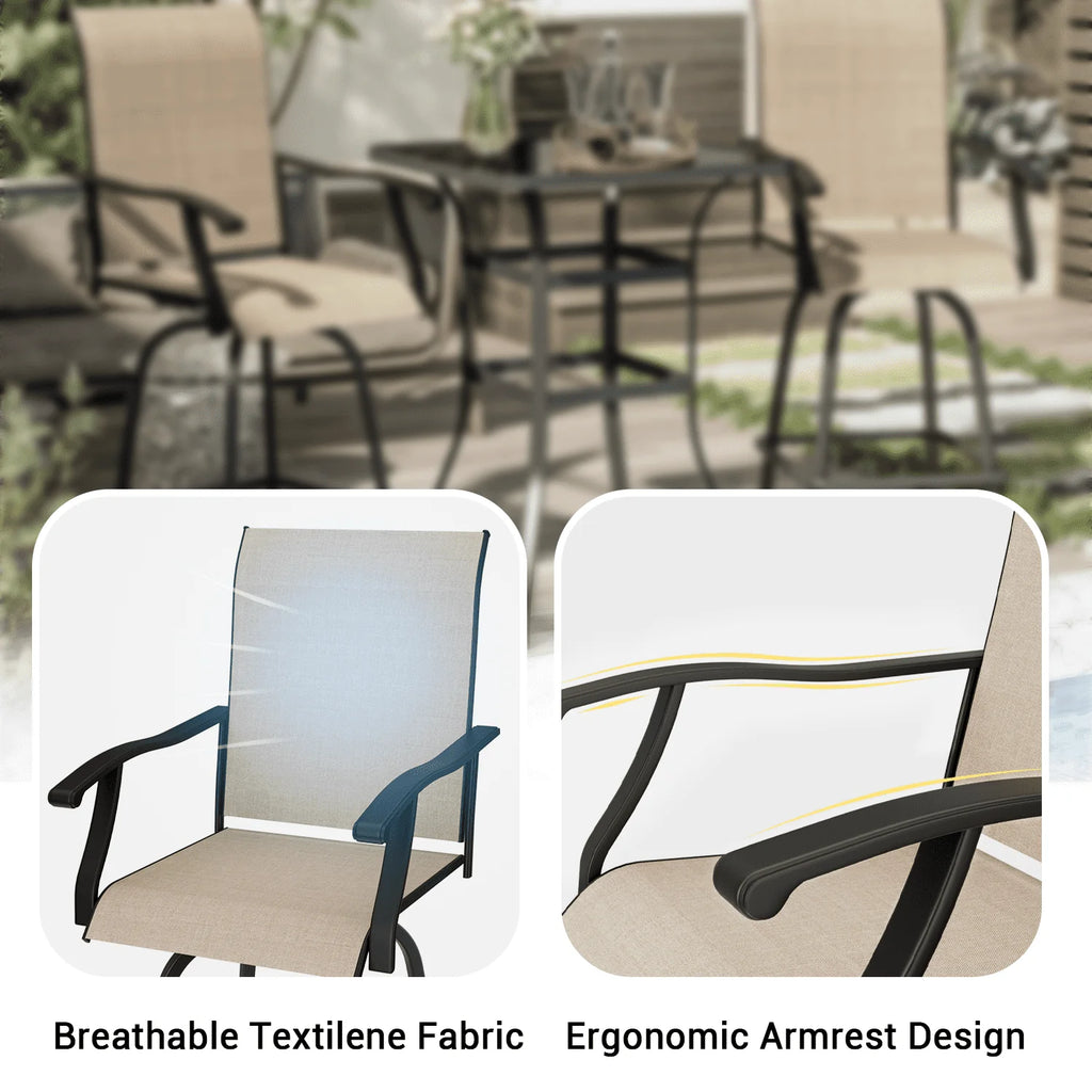Outdoor High Bar Bistro Chair and Tempered Glass Table Set of 3, Light Brown, Steel R817
