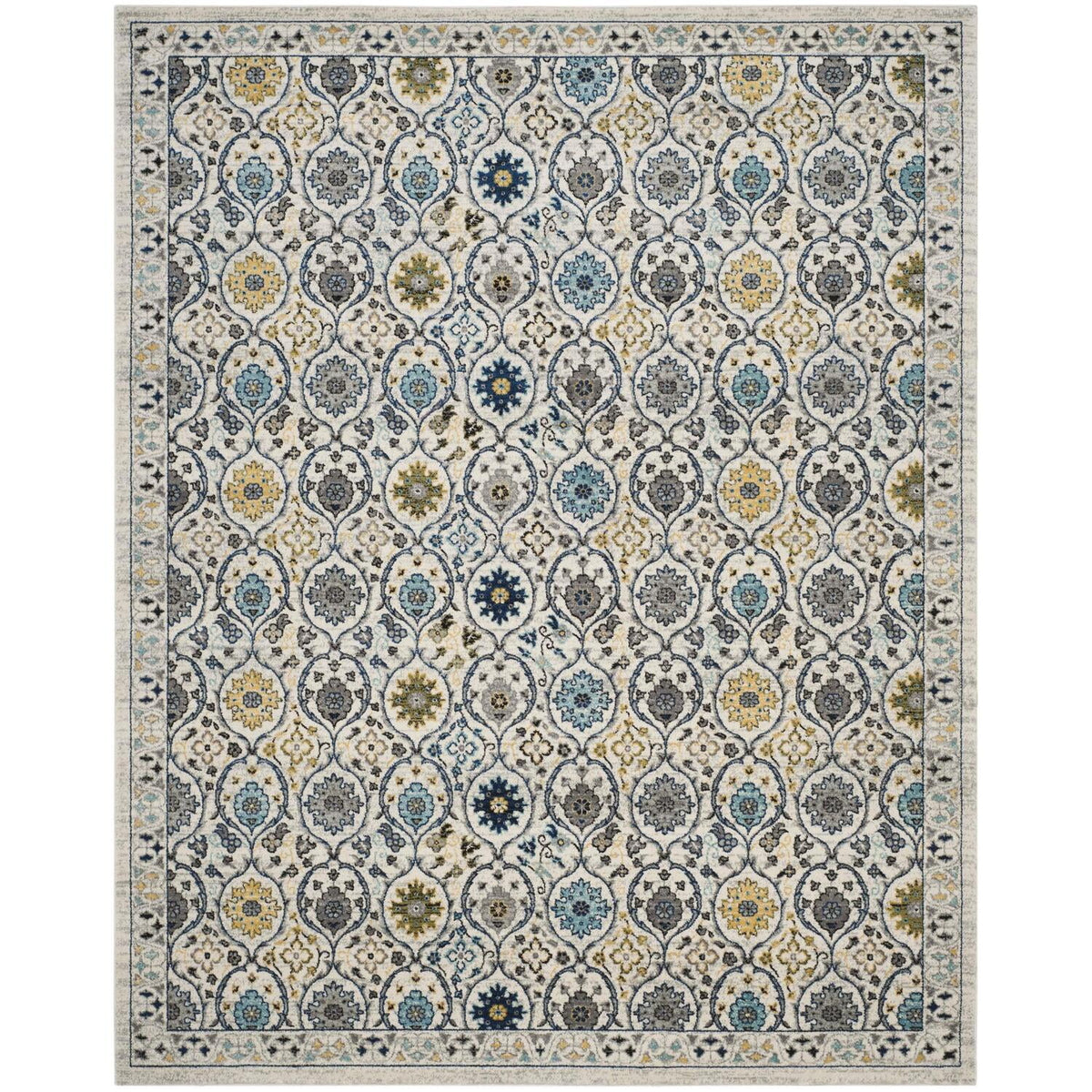 Ivory Blue Floral Geometric Area Rug 8' x 10' A887