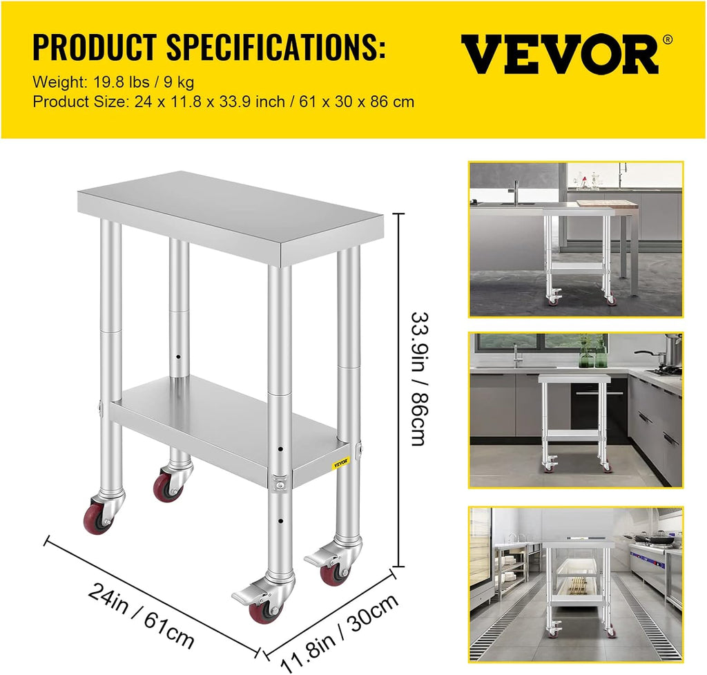 Stainless Steel Work Table with Wheels 24 x 12 x 32 Inch M221912