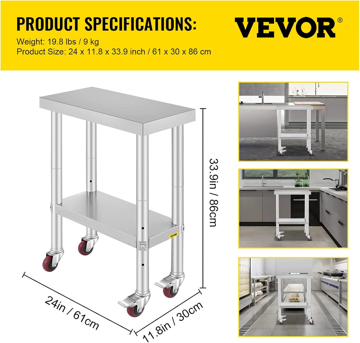 Stainless Steel Work Table with Wheels 24 x 12 x 32 Inch M221912