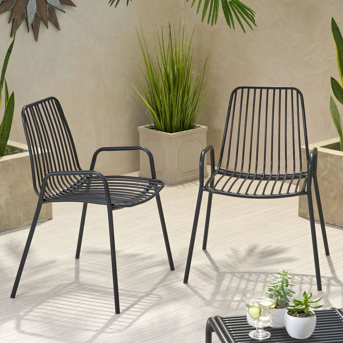 Black Metal Outdoor Club Chairs, Set of 2 C98353
