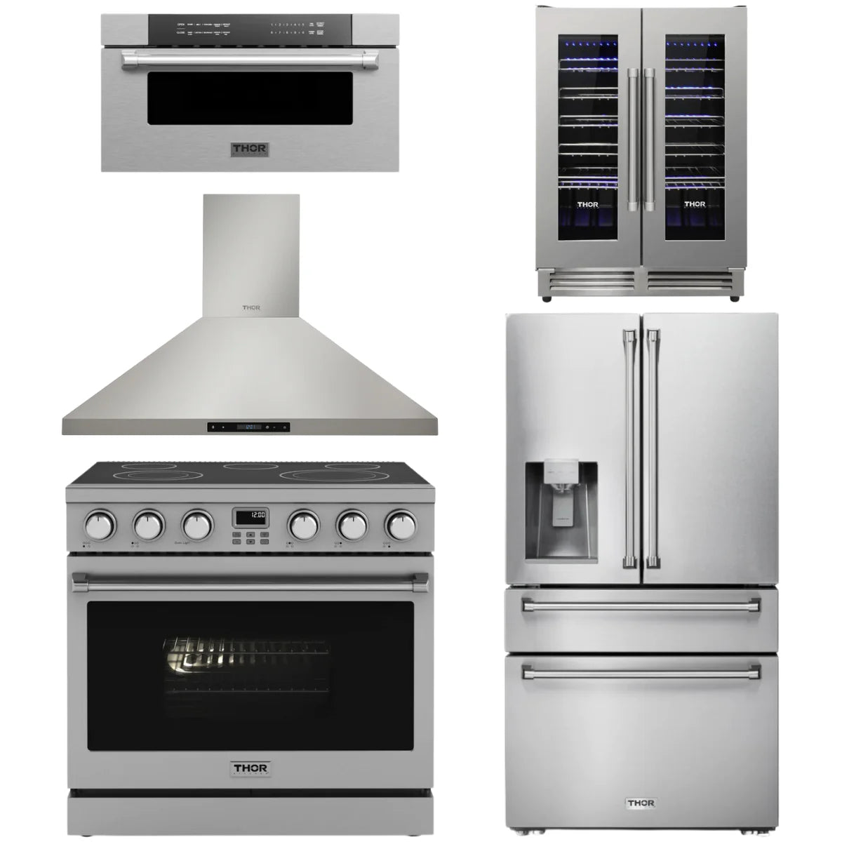 36 Electric Range, Range Hood, Refrigerator, Microwave and Wine Cooler G531