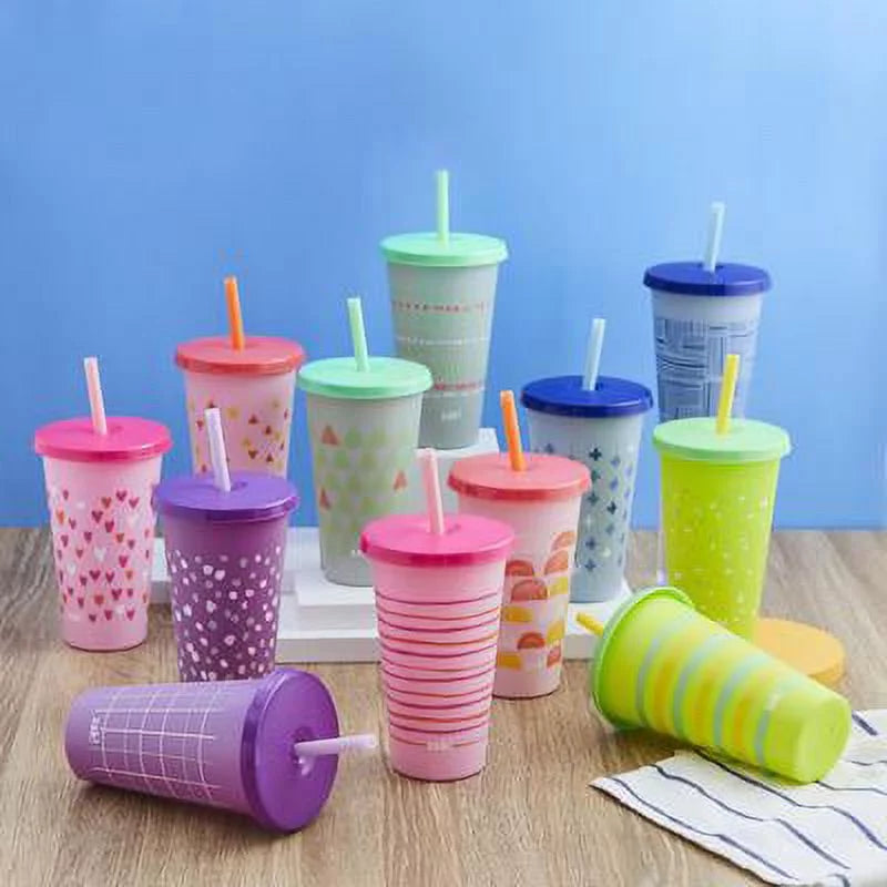 25 oz. Color-Changing Tumbler 12-Pack Set Plastic with Lids and Straws W869
