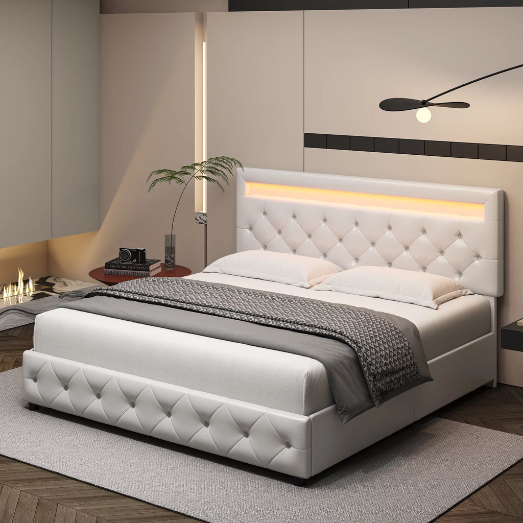 King LED Bed Frame with 4 Storage Drawer White Y47902