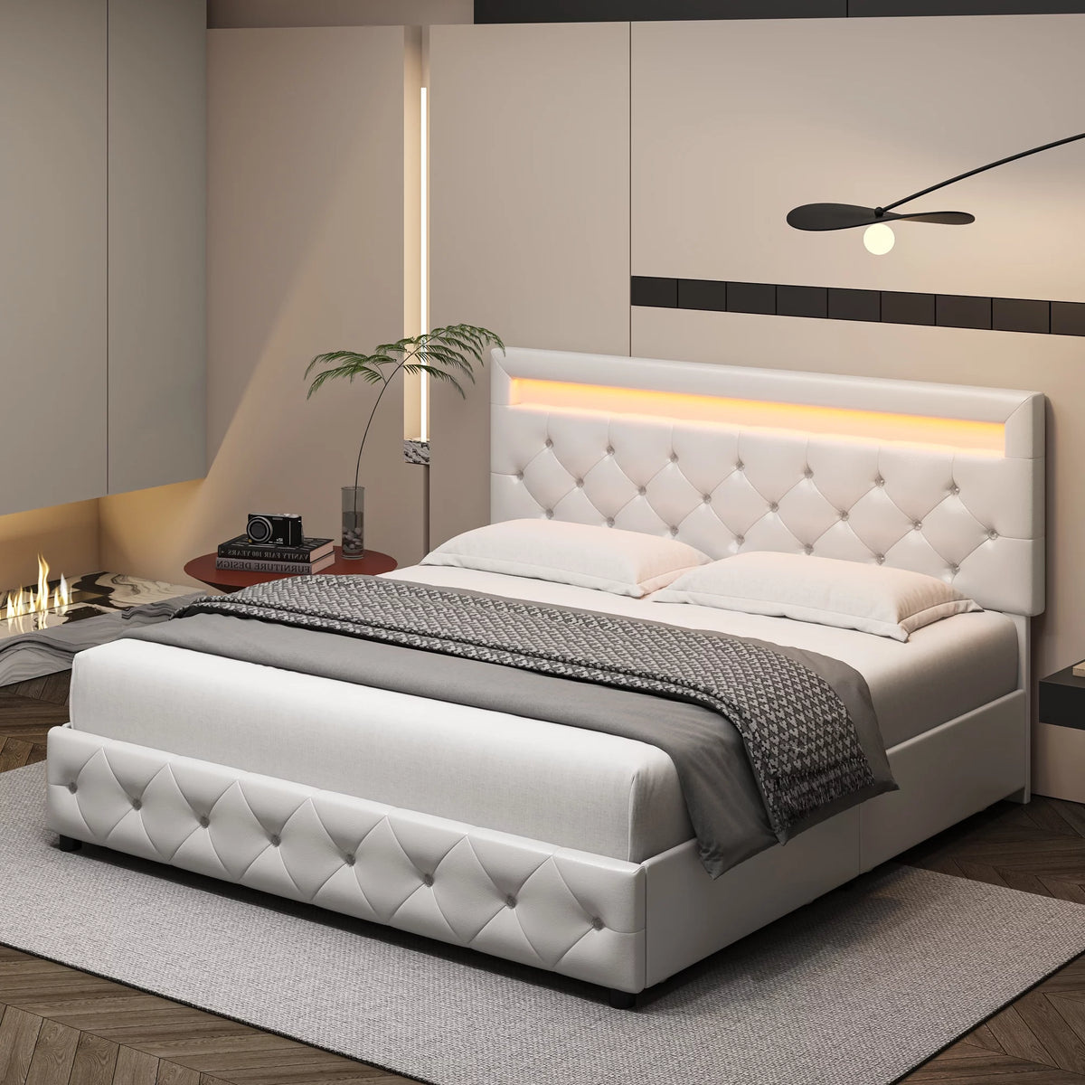 King LED Bed Frame with 4 Storage Drawer White Y47902