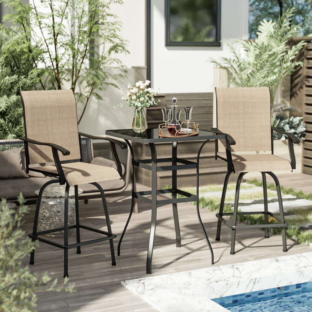 Outdoor High Bar Bistro Chair and Tempered Glass Table Set of 3, Light Brown, Steel R817