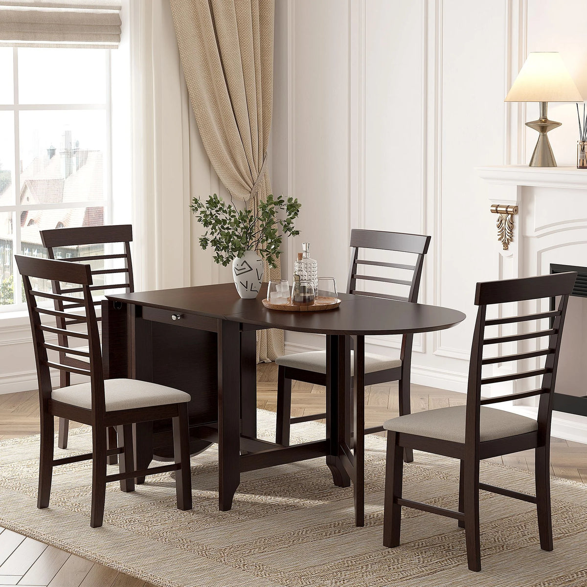 Extendable Drop Leaf Dining Table Set with 4 Upholstered Chairs I839090