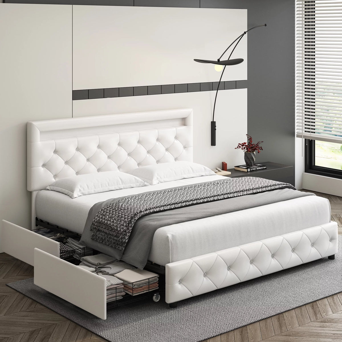 King LED Bed Frame with 4 Storage Drawer White Y47902