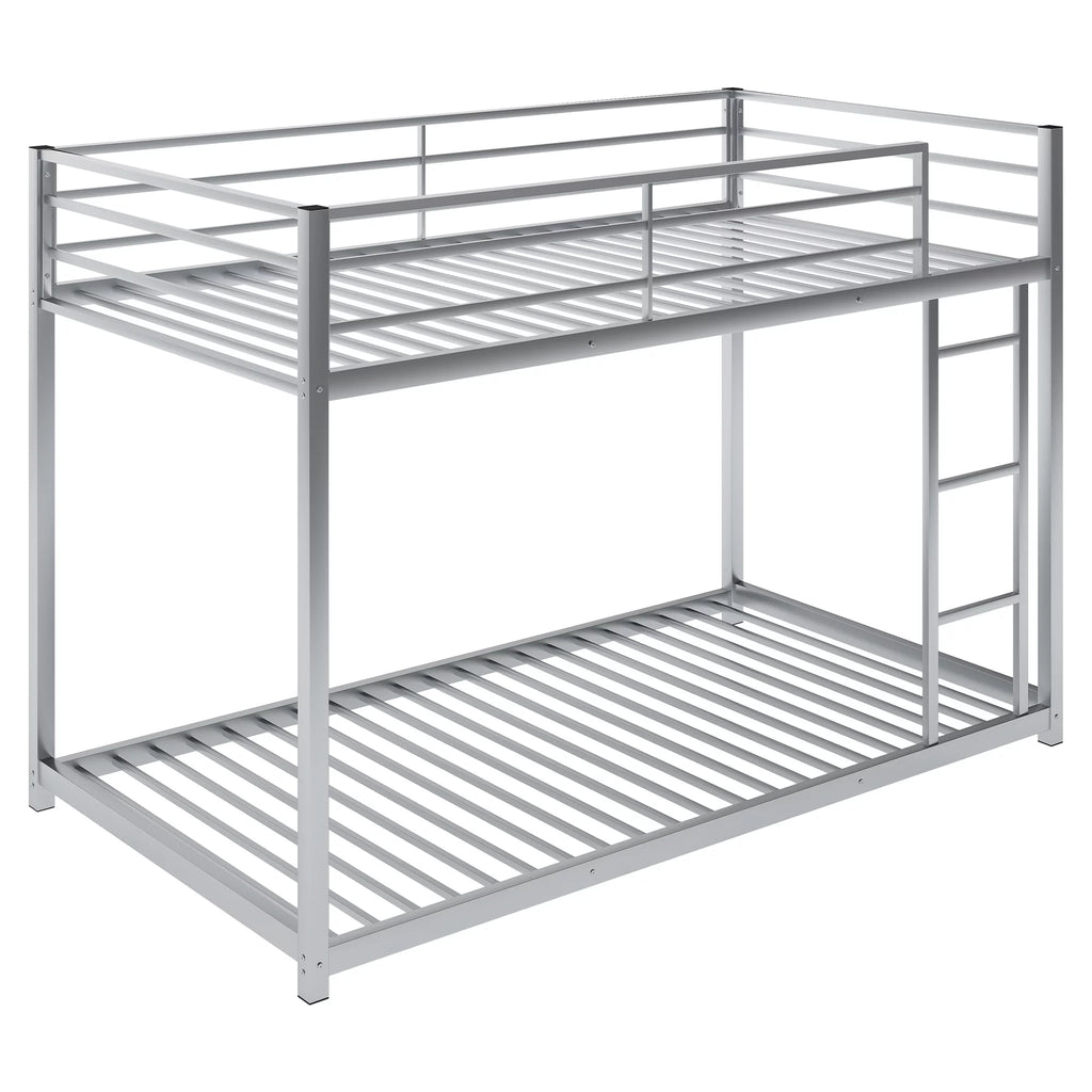 Metal Twin over Twin Low Bunk Bed with Ladder and Safety Guardrails H62058