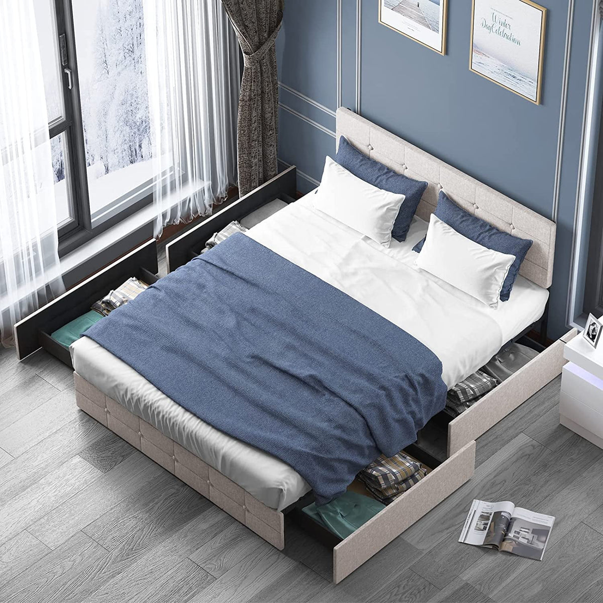 Queen Size Platform Bed Frame with 4 Storage Drawers N9055