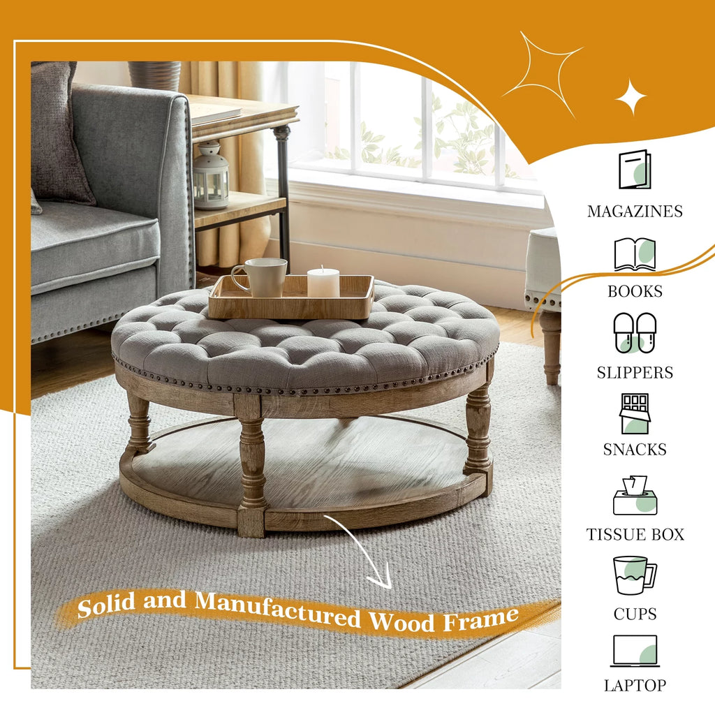Grey Tufted Round Storage Ottoman Q872649