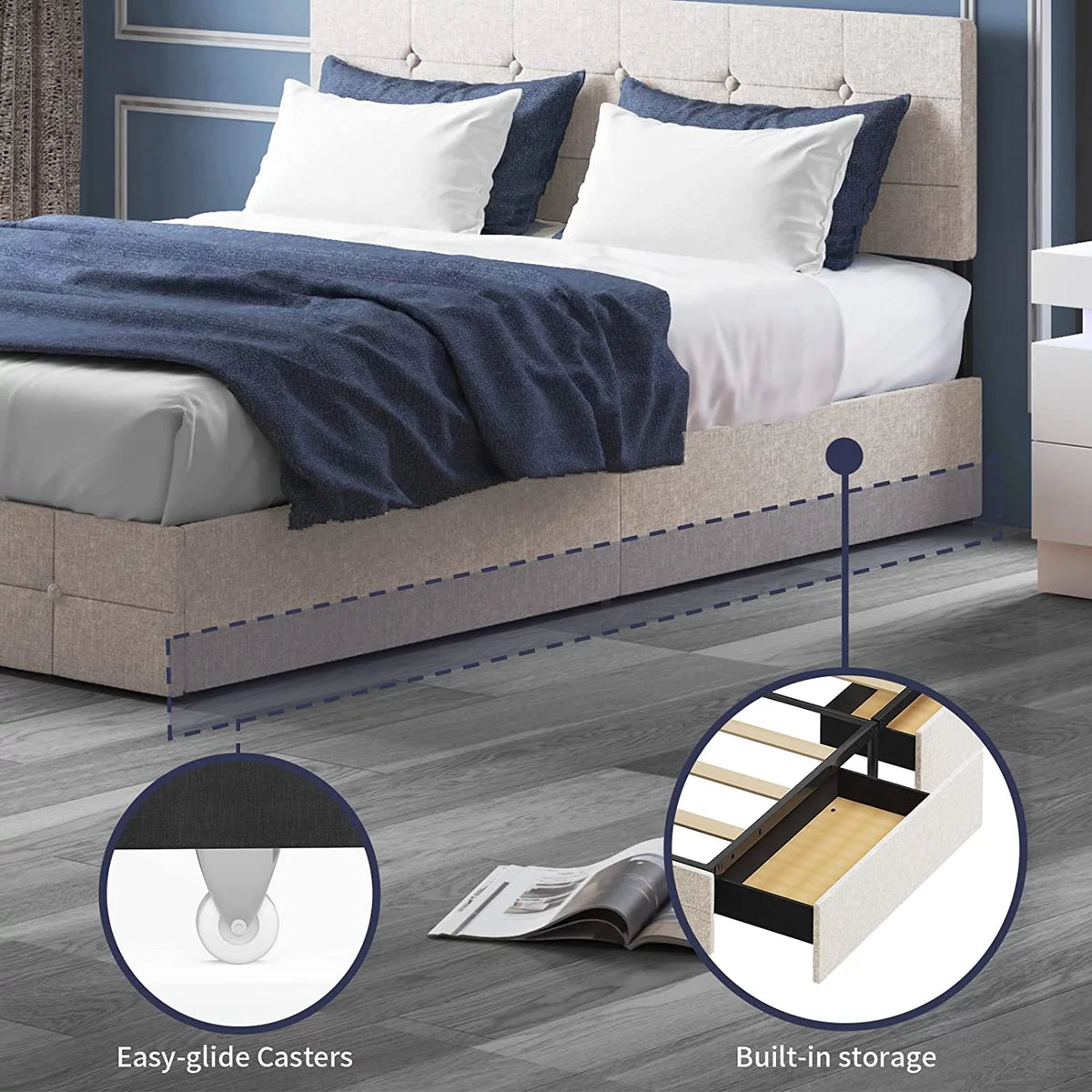 Queen Size Platform Bed Frame with 4 Storage Drawers N9055