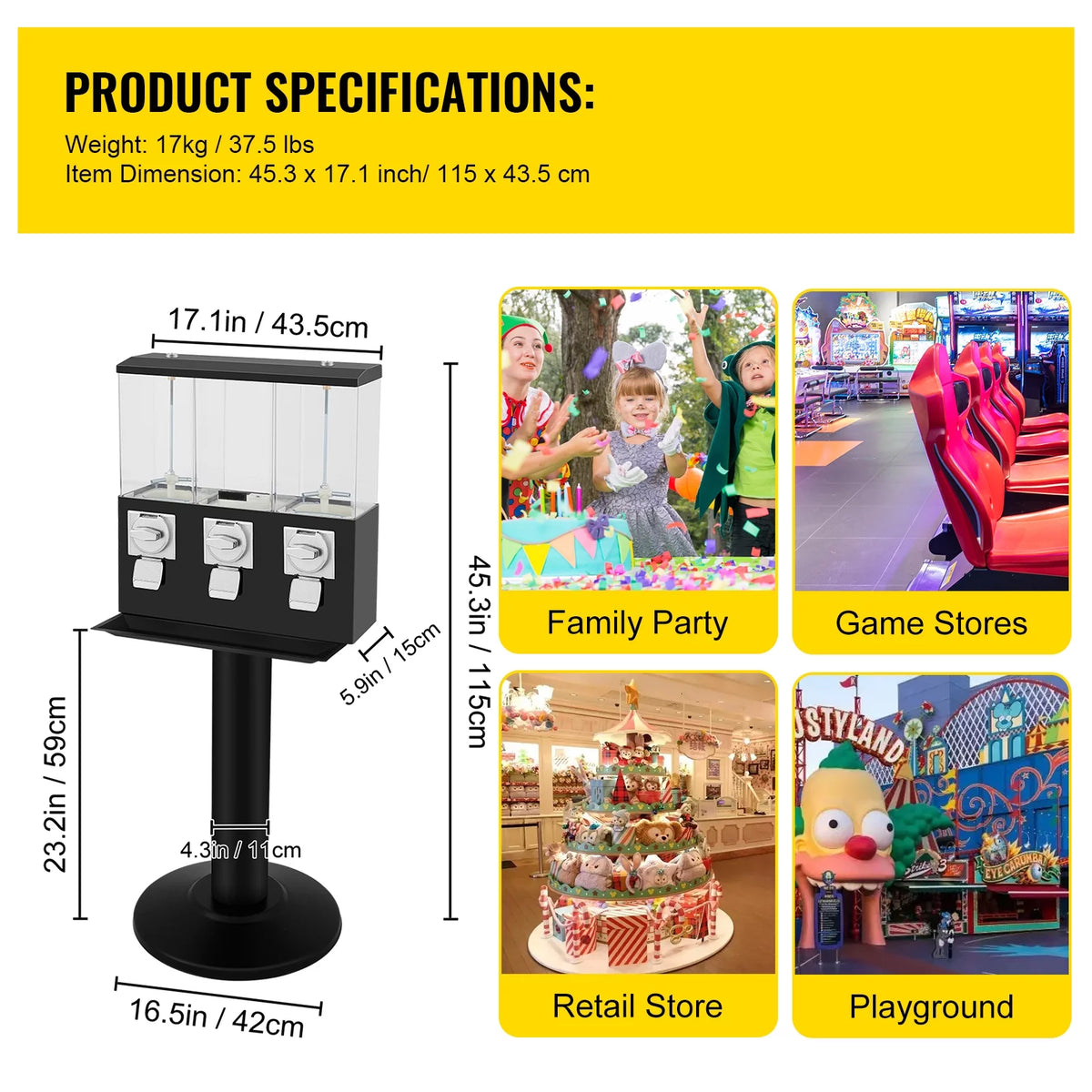 Triple Pod Candy Vending Machine 115cm Height 45Lbs Capacity S1704