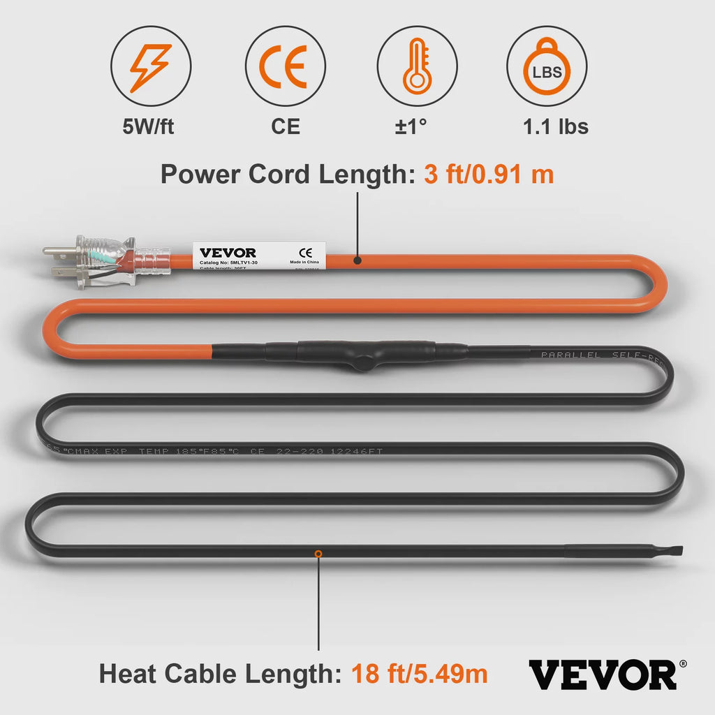 18-feet 5W/ft Self-Regulating Pipe Heating Cable E191338