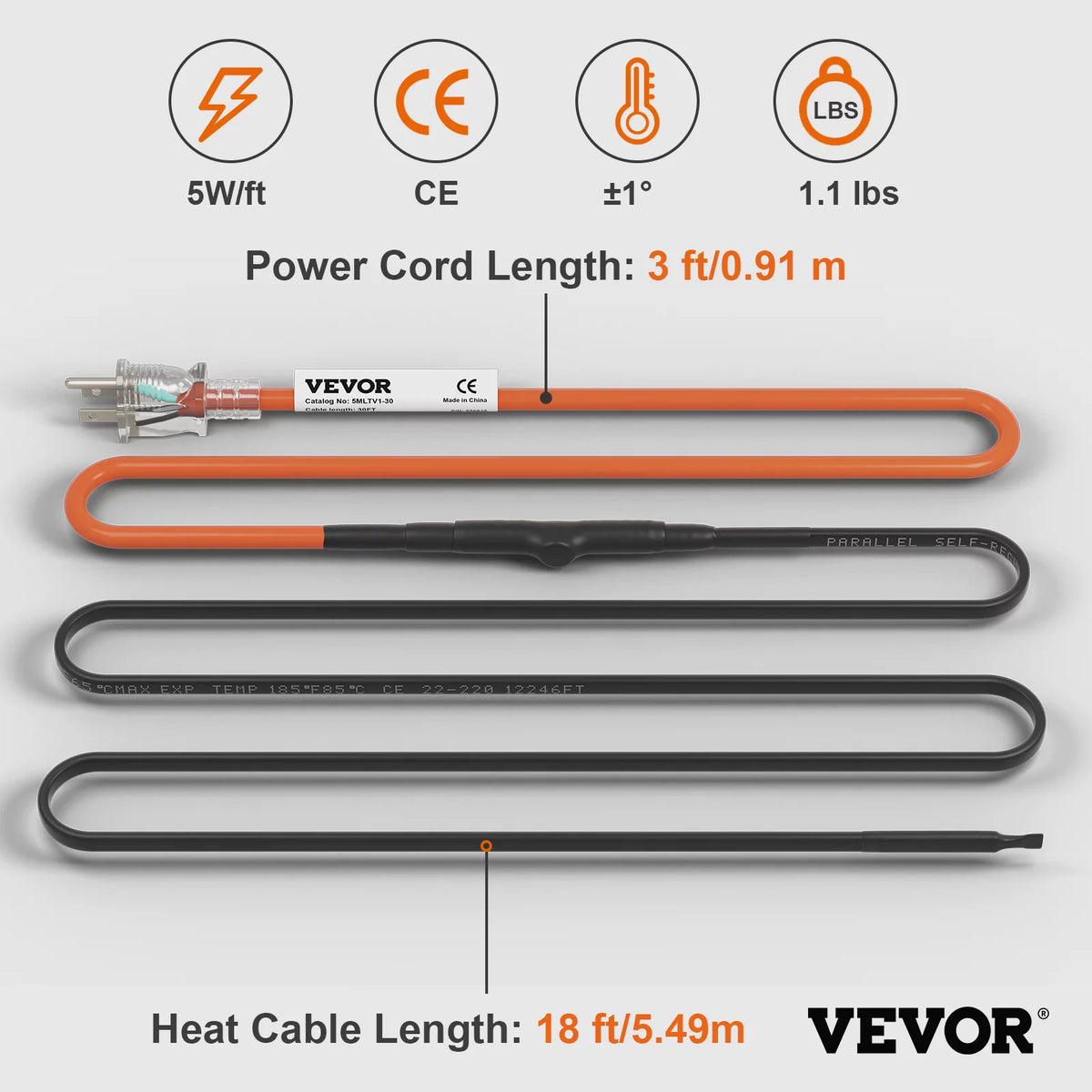18-feet 5W/ft Self-Regulating Pipe Heating Cable E191338