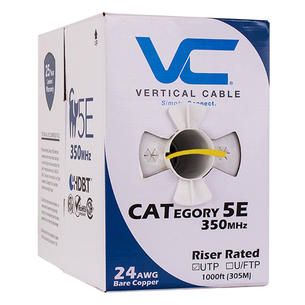 Cat5e UTP 24AWG 8C Solid Bare Copper 1000ft Yellow Bulk Ethernet Cable J1413