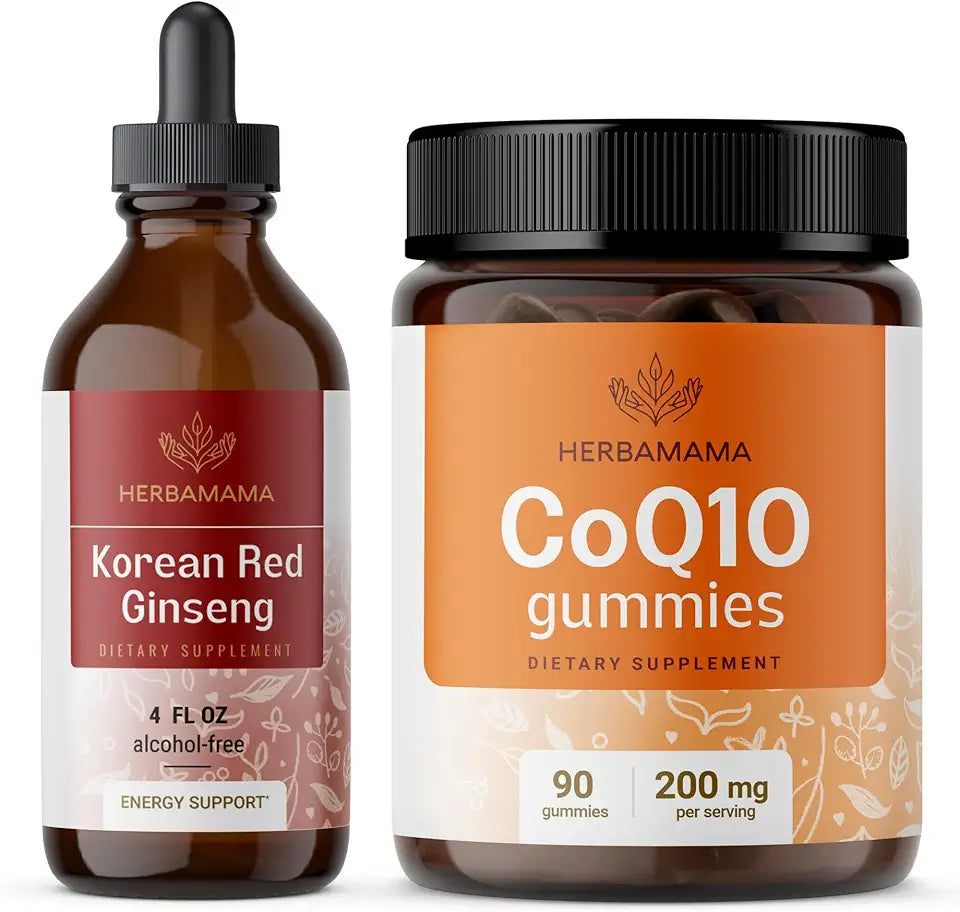 Korean Red Ginseng and CoQ10 Kit - 4 Fl Oz Tincture & Gummies - Vegan Non-GMO 2 Pack S458