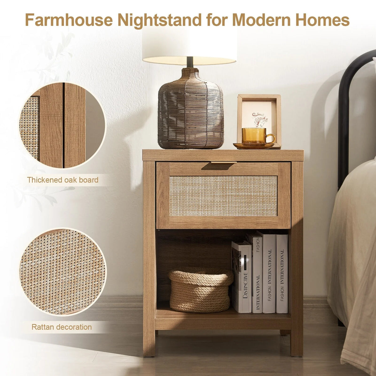 Oak Rattan Nightstand Set of 2 with Drawer and Storage Shelf Z78639
