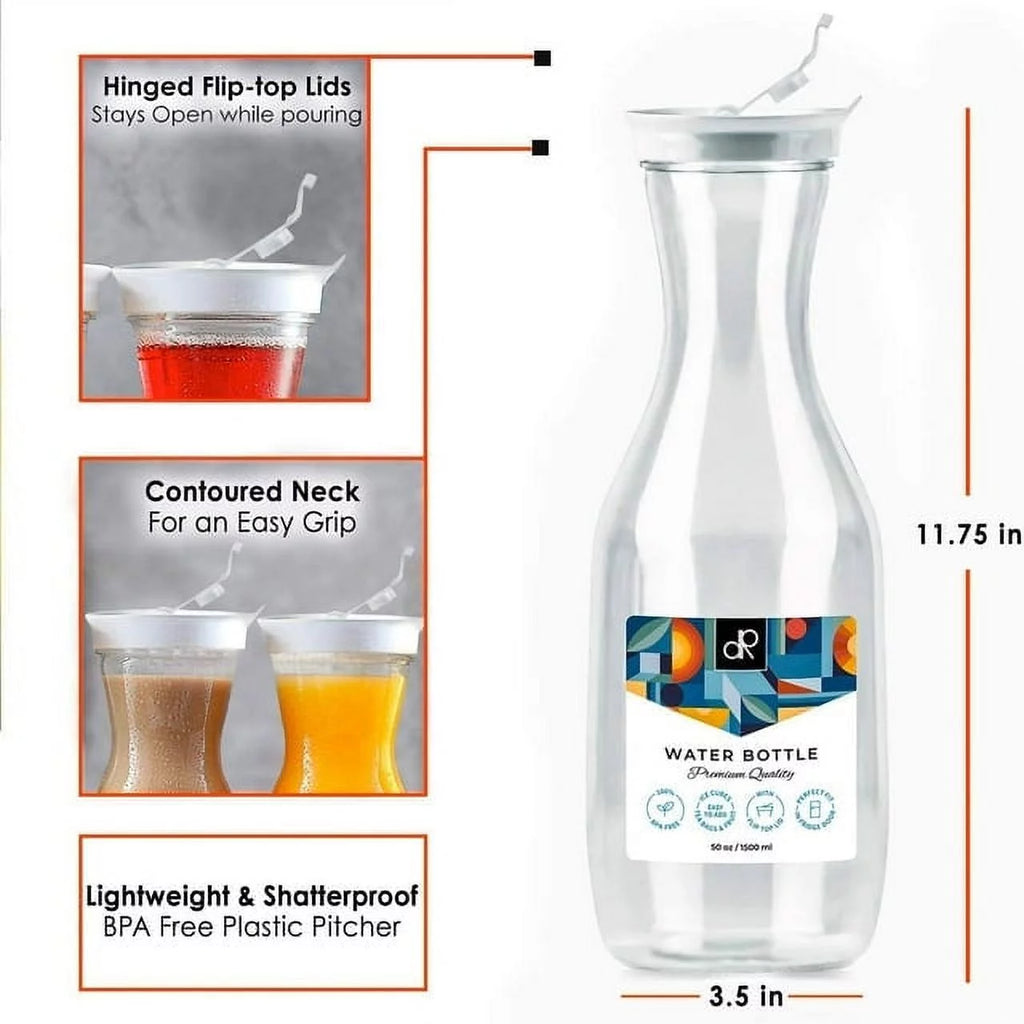 4 Large Water Carafes with Flip Top Lid, 50 oz Each, BPA Free Plastic Pitcher G68855