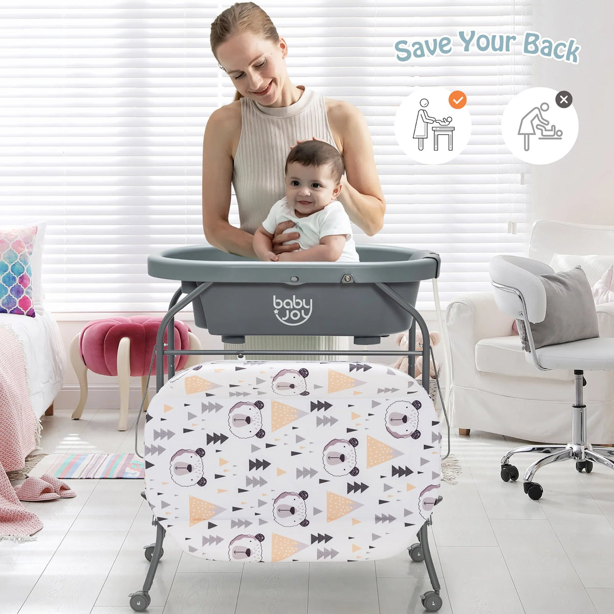 Baby Changing Table with Bathtub Portable Diaper Station with Wheels Gray M608347