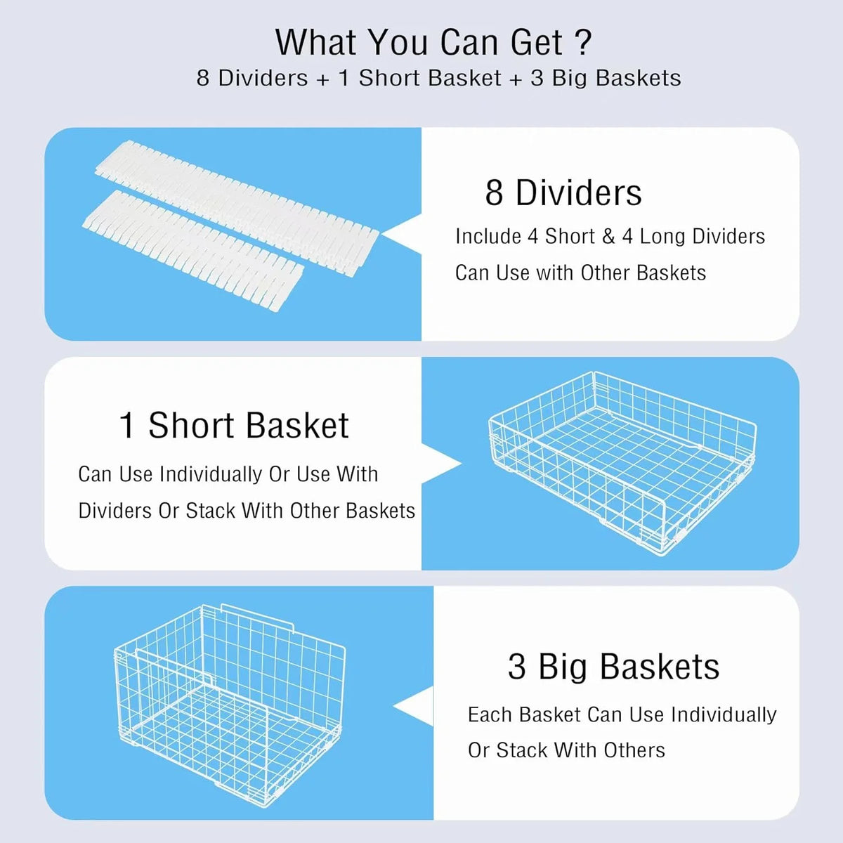 4 Tier Stackable Metal Wire Storage Basket with Dividers, White S862