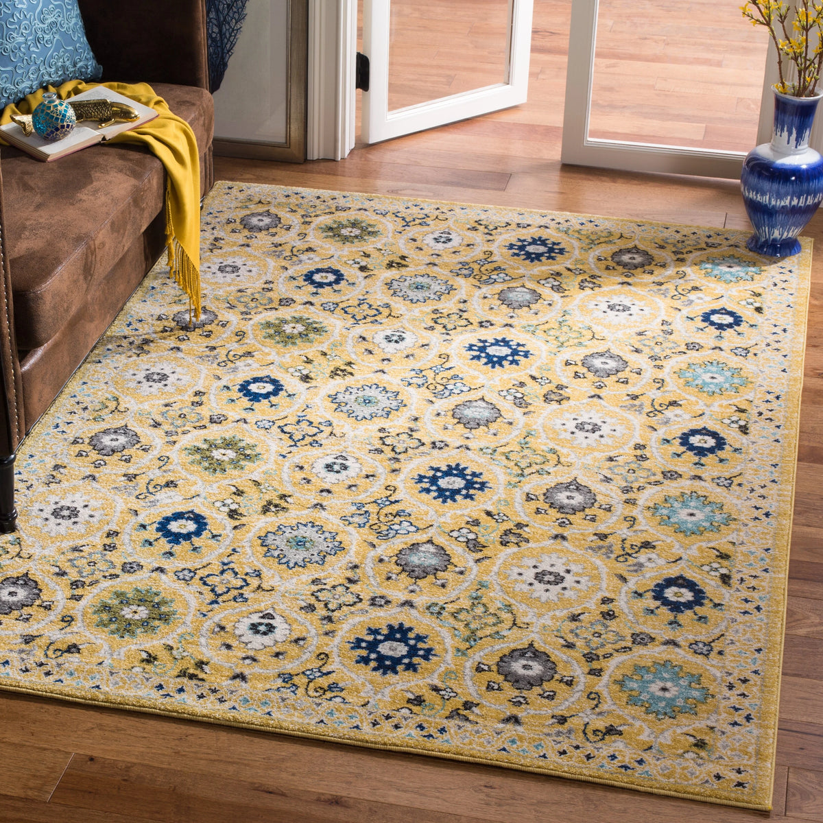 Ivory Blue Floral Geometric Area Rug 8' x 10' A887