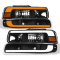 Sequential LED Strip Tube Bar Black Housing Crystal Headlights With Signal Bumper Lamps Amber Reflector 4-Pieces E46523