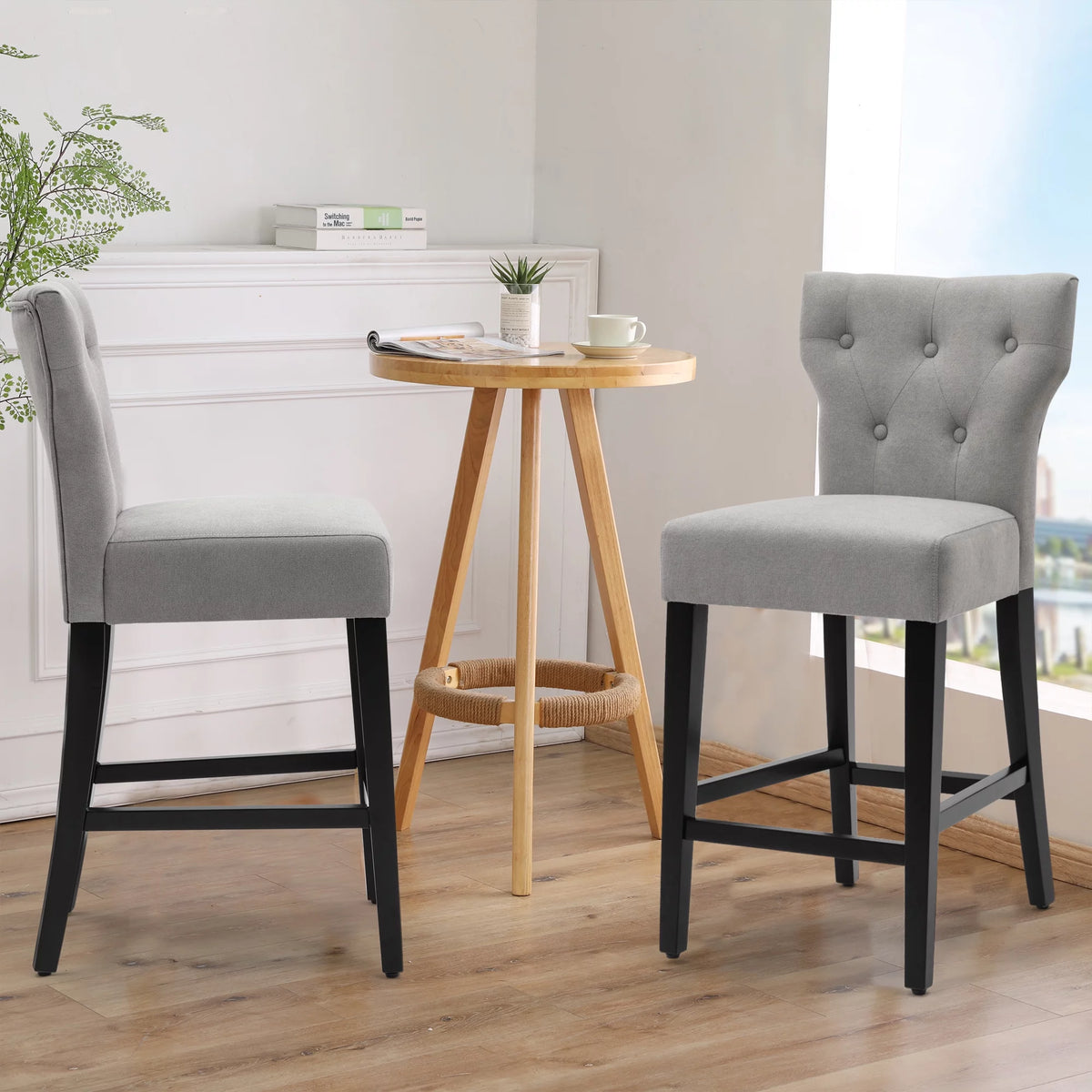 Gray Set of 2 Wood and Fabric Bar Stool S7612