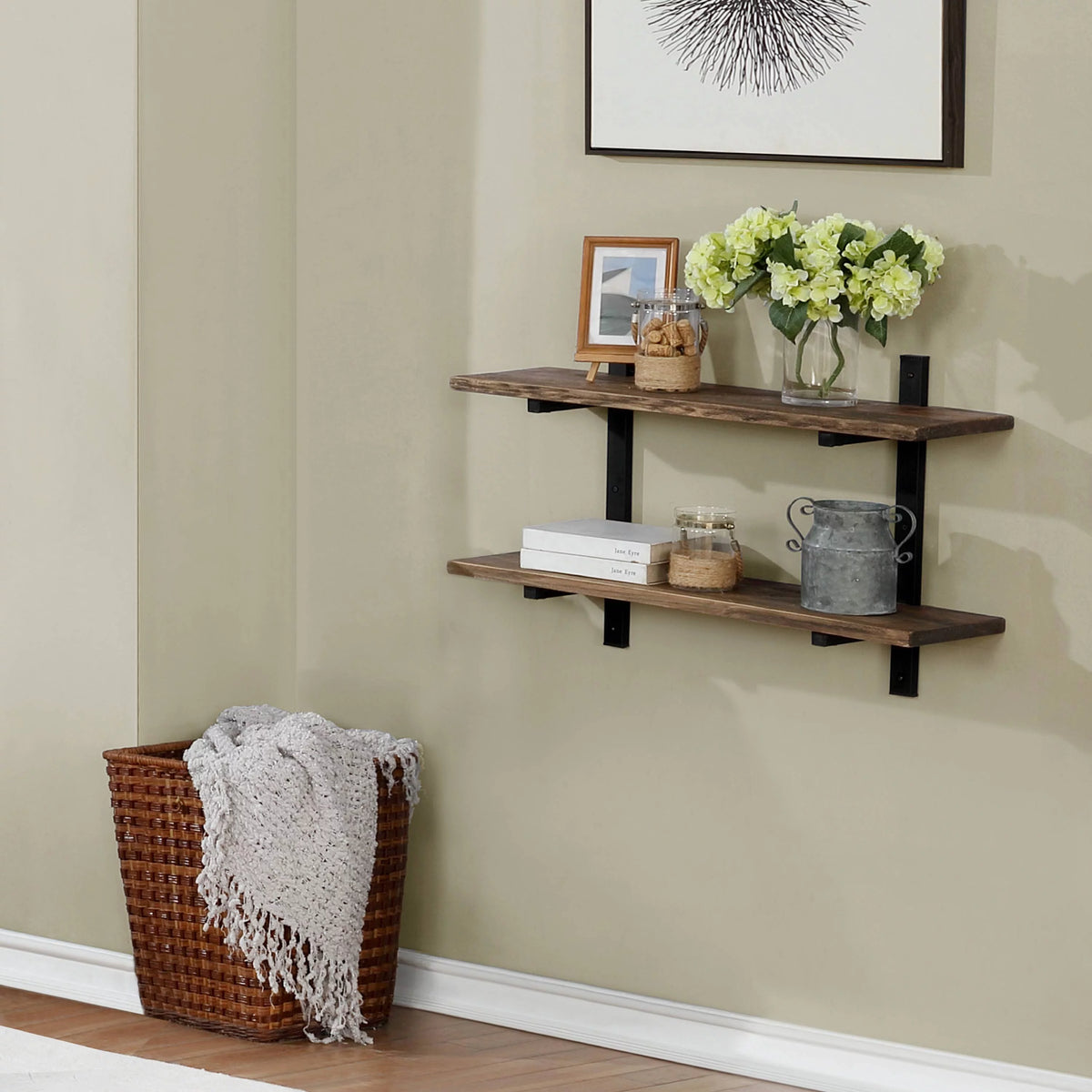 36"W Metal and Solid Wood Wall Shelf G57430