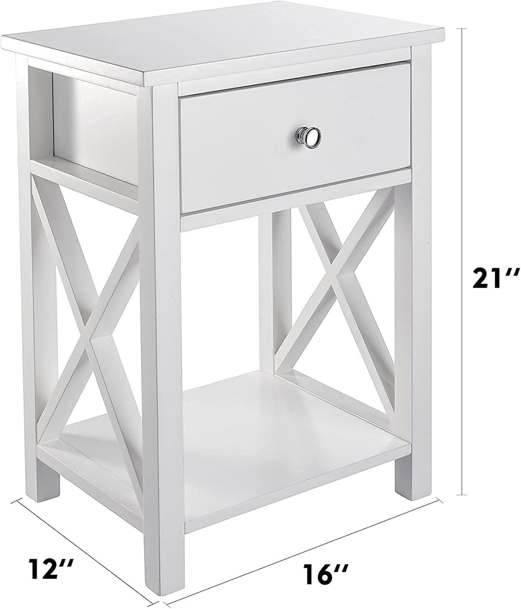 White Wooden Side End Table with Bin Drawer Set of 2 E7447