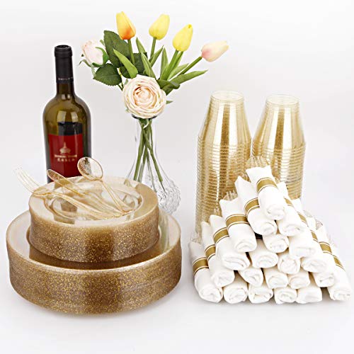 350 Pieces Gold Glitter Disposable Dinnerware Set D764