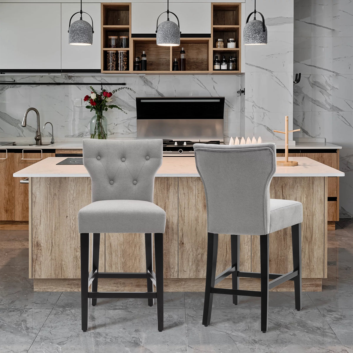 Gray Set of 2 Wood and Fabric Bar Stool S7612