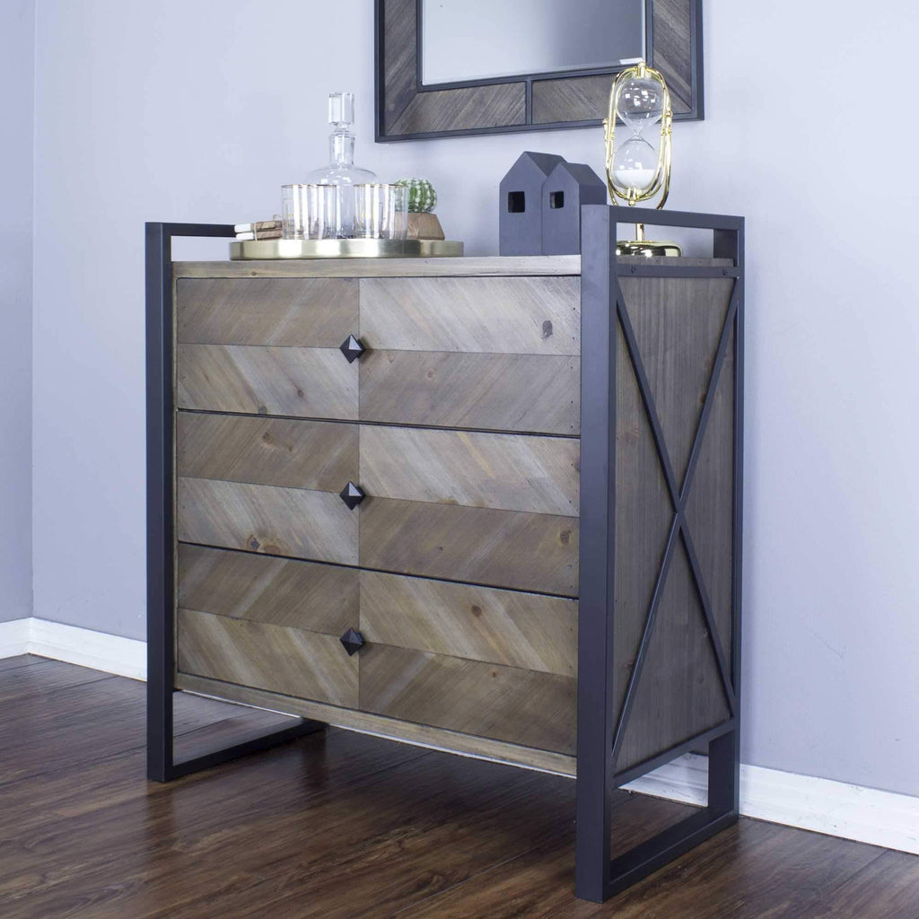 Natural and White Metal Wood Accent Cabinet with 3 Drawers R89252