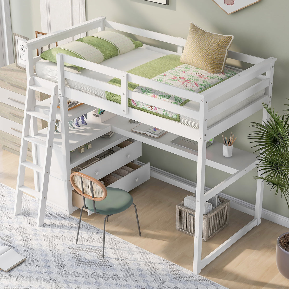 Twin Size Loft Bed with Desk and Shelves R767