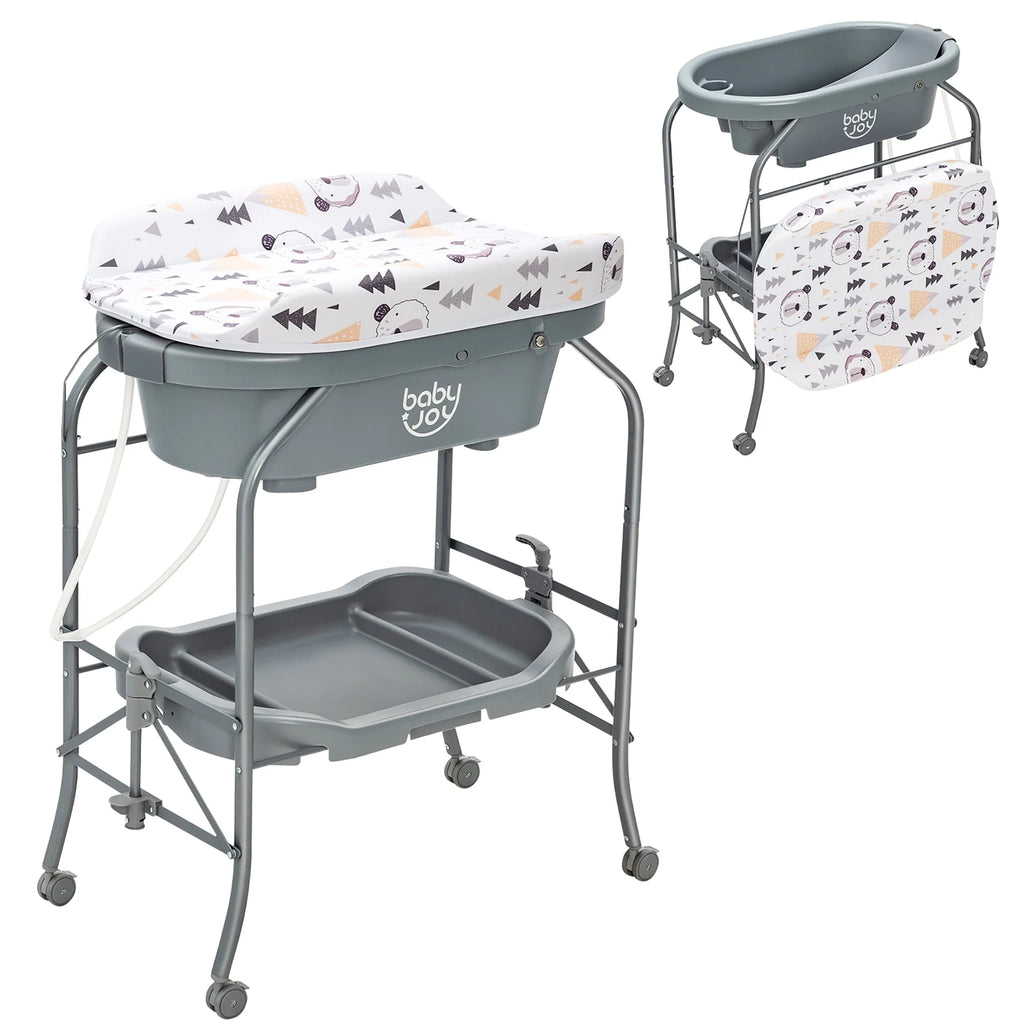 Baby Changing Table with Bathtub Portable Diaper Station with Wheels Gray M608347