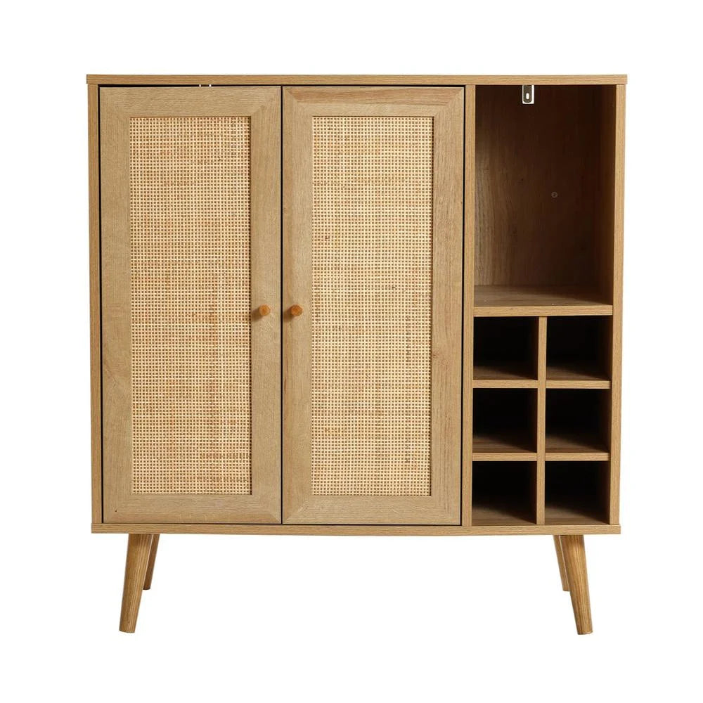Light Oak Engineered Wood Rattan Wine and Storage Cabinet J73235