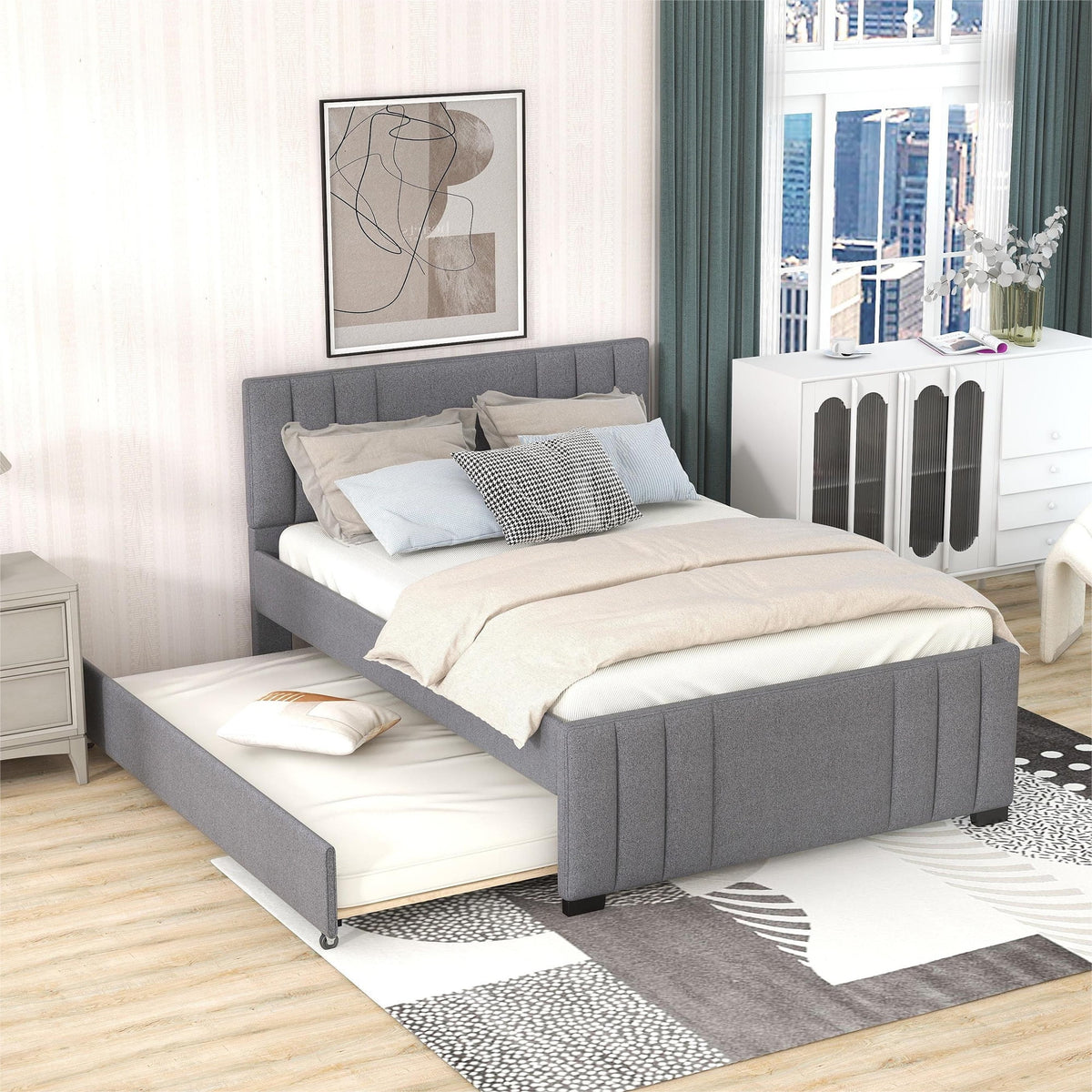 Gray Tufted Full Upholstered Platform Bed with Trundle and Headboard J943