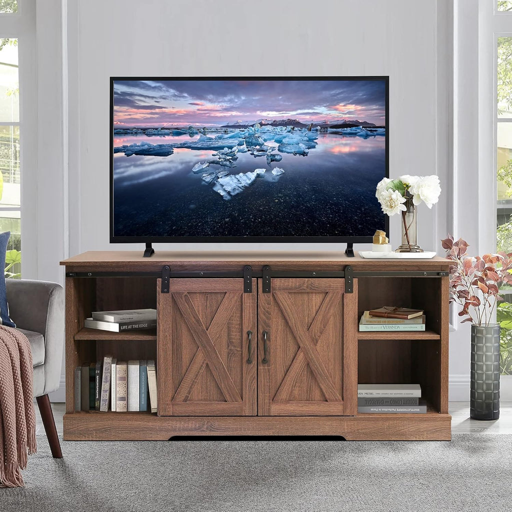 Brown Wood TV Stand with Sliding Barn Door D546