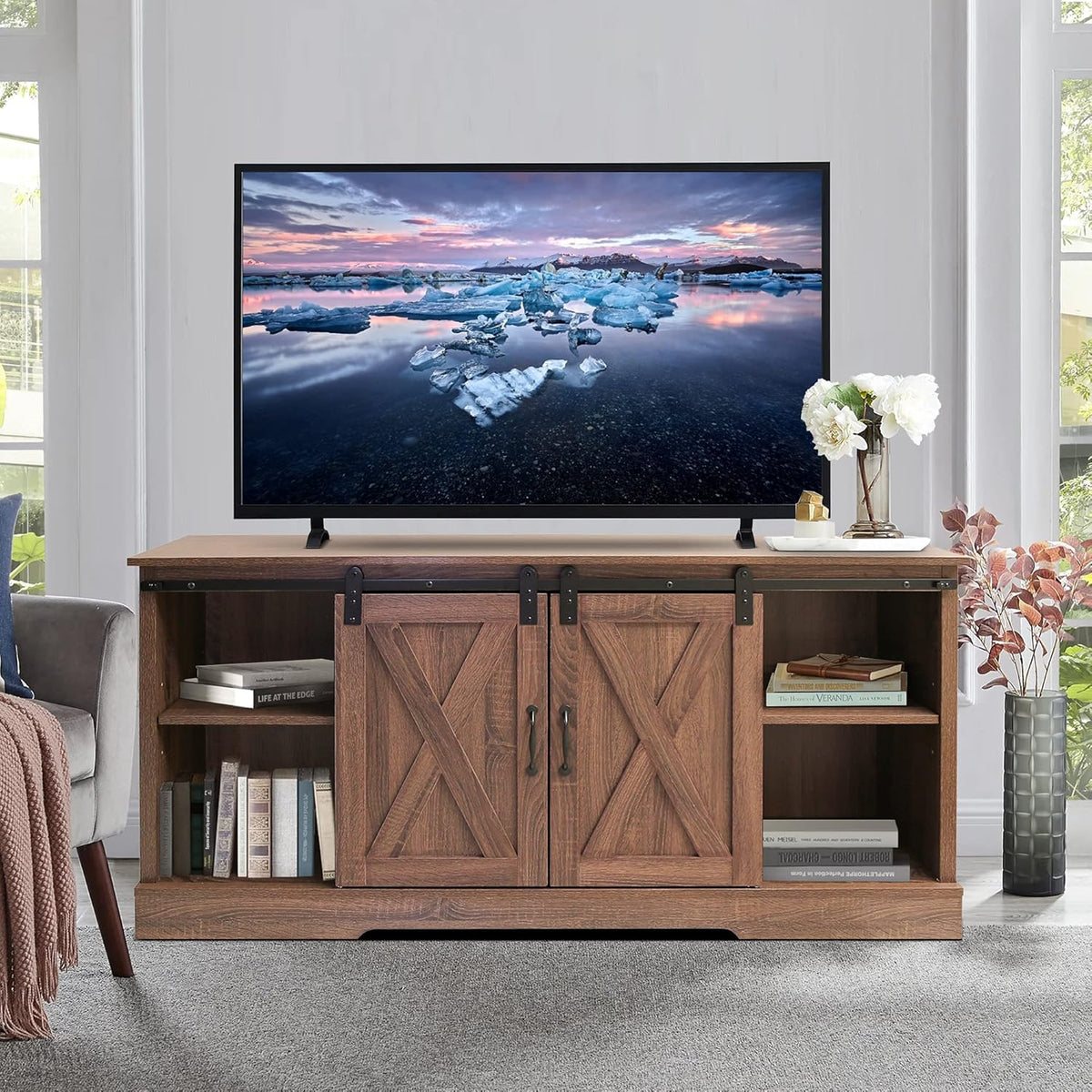Brown Wood TV Stand with Sliding Barn Door D546