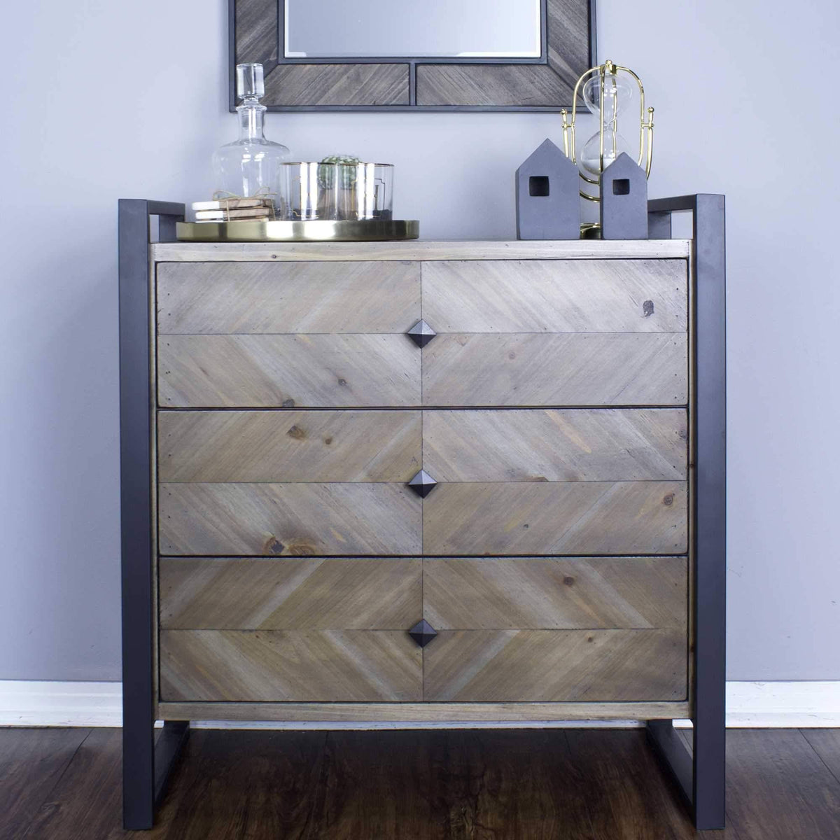 Natural and White Metal Wood Accent Cabinet with 3 Drawers R89252
