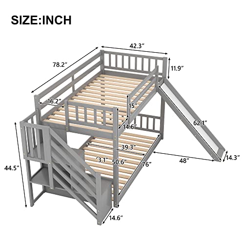 Twin Over Twin Solid Wood Bunk Bed with Slide and Storage Stairs P776411
