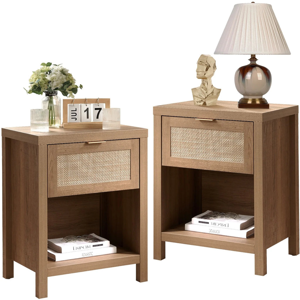 Oak Rattan Nightstand Set of 2 with Drawer and Storage Shelf Z78639